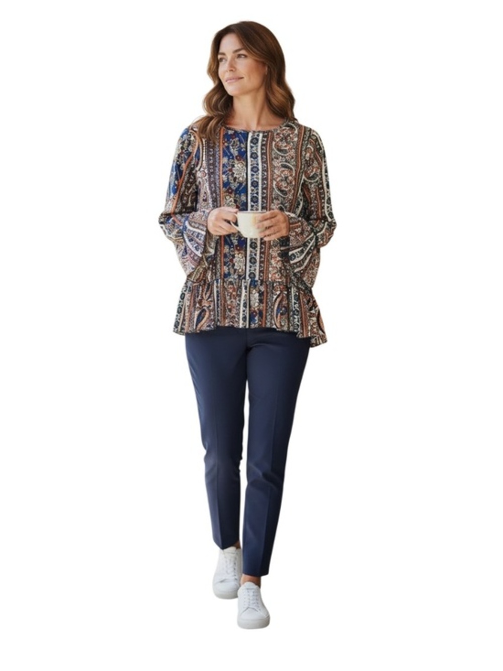 Living Doll Blouse Womens M Multicolor Boho Paisley Peplum Bell Sleeve